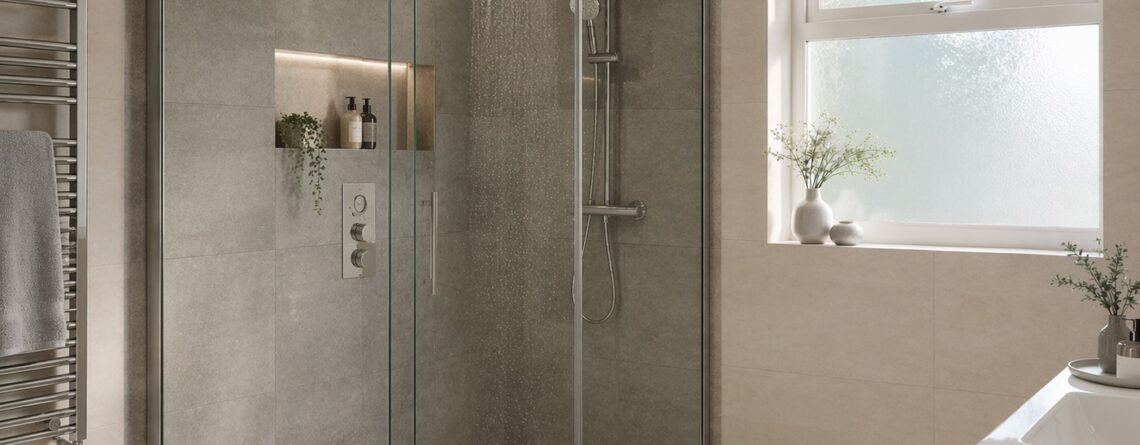 modern shower enclosure UK bathroom with rainfall shower and tray
