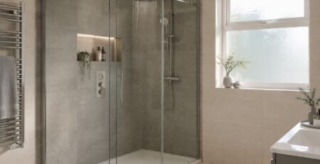 modern shower enclosure UK bathroom with rainfall shower and tray