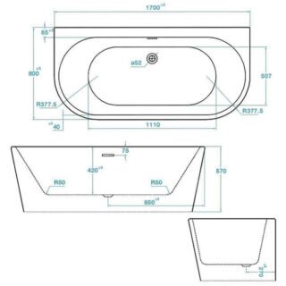 Tissino Angelo Double Ended D-Shaped Shower Bath - 1700mm X 800mm - White - Image 2