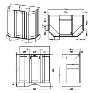 BC Designs Victrion 3 Door Floor Standing Vanity Unit With Marble Top Basin - 750mm Wide - 1 Tap Hole - Image 3