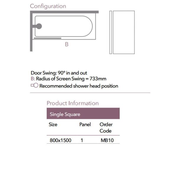 Merlyn Single Square Hinged Bath Screen - 8mm Glass - 1500mm x 800mm - Image 2