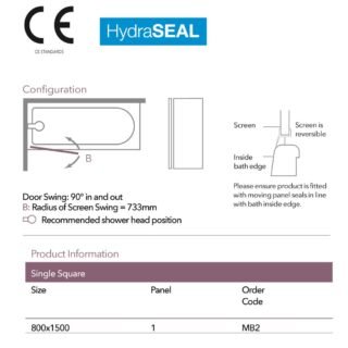 Merlyn Single Panel Hinged Square Bath Screen - 6mm Glass - 1500mm x 800m - Image 2