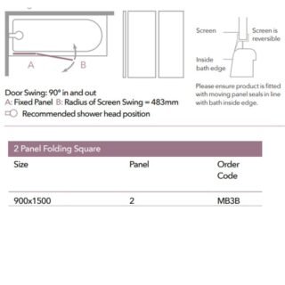 Merlyn Ionic Two Panel Folding Square Bath Screen - 1500mm x 900mm - Image 2