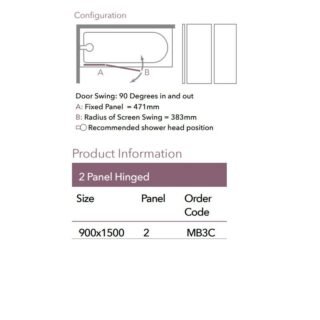 Merlyn 2 Panel Hinged Sleek Bath Screen - 6mm Glass - 1500mm x 900mm - Image 2