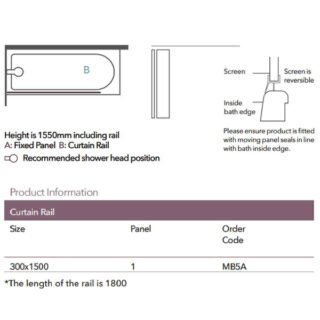 Merlyn Bath Screen With Curtain Rail - 6mm Glass - 1500mm x 300mm - Image 2