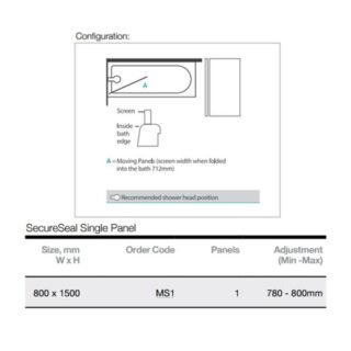Merlyn Secure Seal Square Hinged Bath Screen - 6mm Glass - 1500mm X 800mm - Image 2