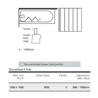 Merlyn Secure Seal Five Folding Bath Screen - 6mm Glass - 1500mm x 1000mm - Image 2