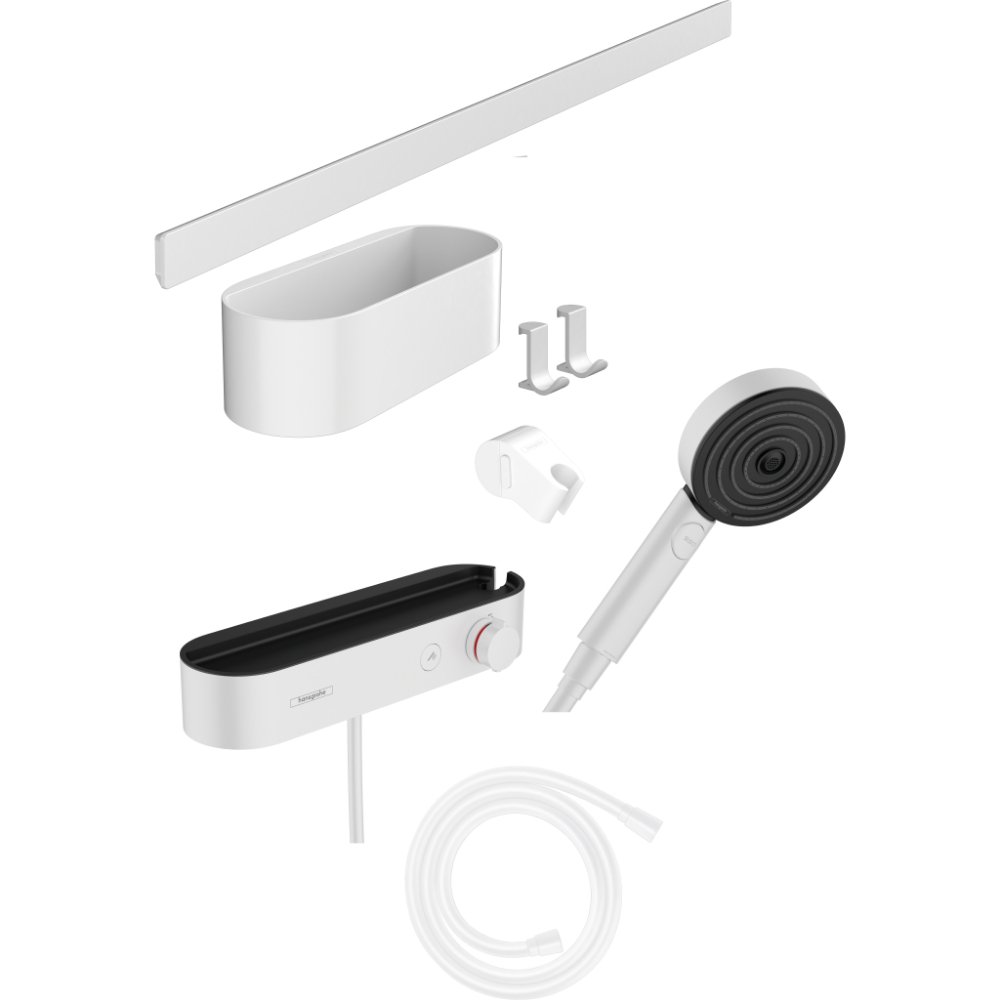 Hansgrohe Wallstoris Bundle Hand Shower 105 3Jet Activation Ecosmart, Thermostat 700mm Wall Bar And Storage Set - Matt White