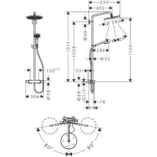 Hansgrohe Croma Select S 280 1Jet Showerpipe With Thermostatic Shower Mixer - Chrome - Image 2