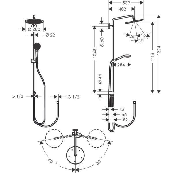 Hansgrohe Croma Select S 280 1Jet Reno Showerpipe - Chrome - Image 2