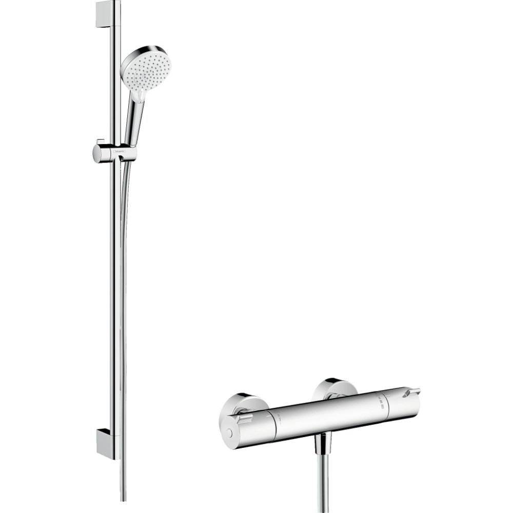 Hansgrohe Crometta 100 Vario Ecostat 1001 Cl Shower System With Thermostatic Mixer And Shower Rail – White/Chrome - 900mm
