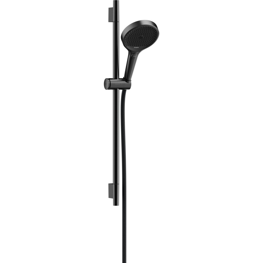 Hansgrohe Rainfinity Shower Set 130 3Jet Ecosmart With S Puro 650mm Shower Bar, Push Slider And 1600mm Designflex Textile Shower Hose - Brushed Black Chrome