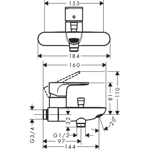 Hansgrohe Rebris S Single Lever Exposed Bath Shower Mixer Tap With 2 Flow Rates - Image 2