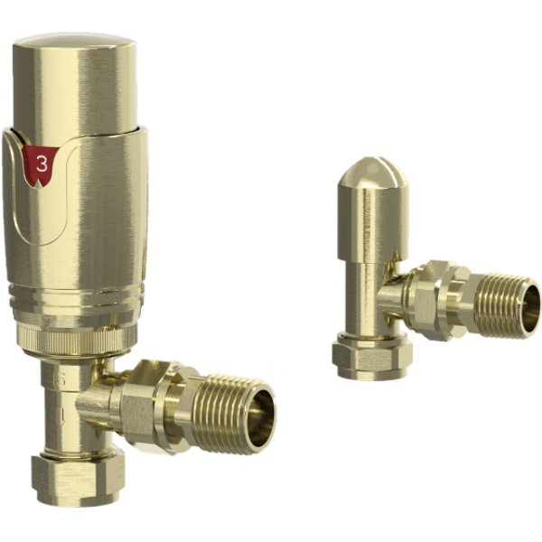 Frontline Round Thermostatic Angled Radiator Valves Pair - Brushed Brass