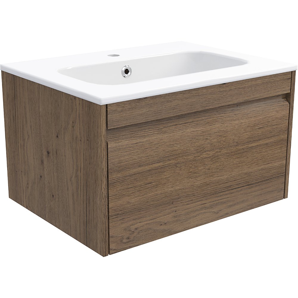 Calypso Loreto 1 Drawer Wall Hung Vanity Unit With White Basin – 600mm Wide – 1 TH - Sienna Oak