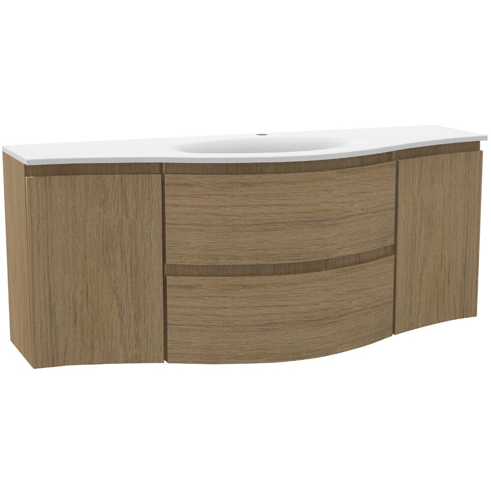 Calypso Levanto 2 Door And 2 Drawer Wall Hung Vanity Unit With White Glass Basin – 1375mm Wide – 1 TH - Tortona Oak