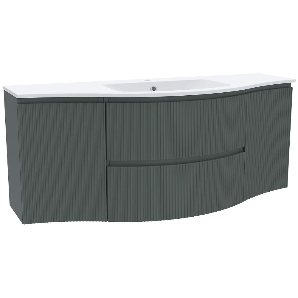 Calypso Levanto Fluted 2 Door And 2 Drawer Wall Hung Vanity Unit With White Cast Marble Basin – 1375mm Wide – 1 TH - Fir Green