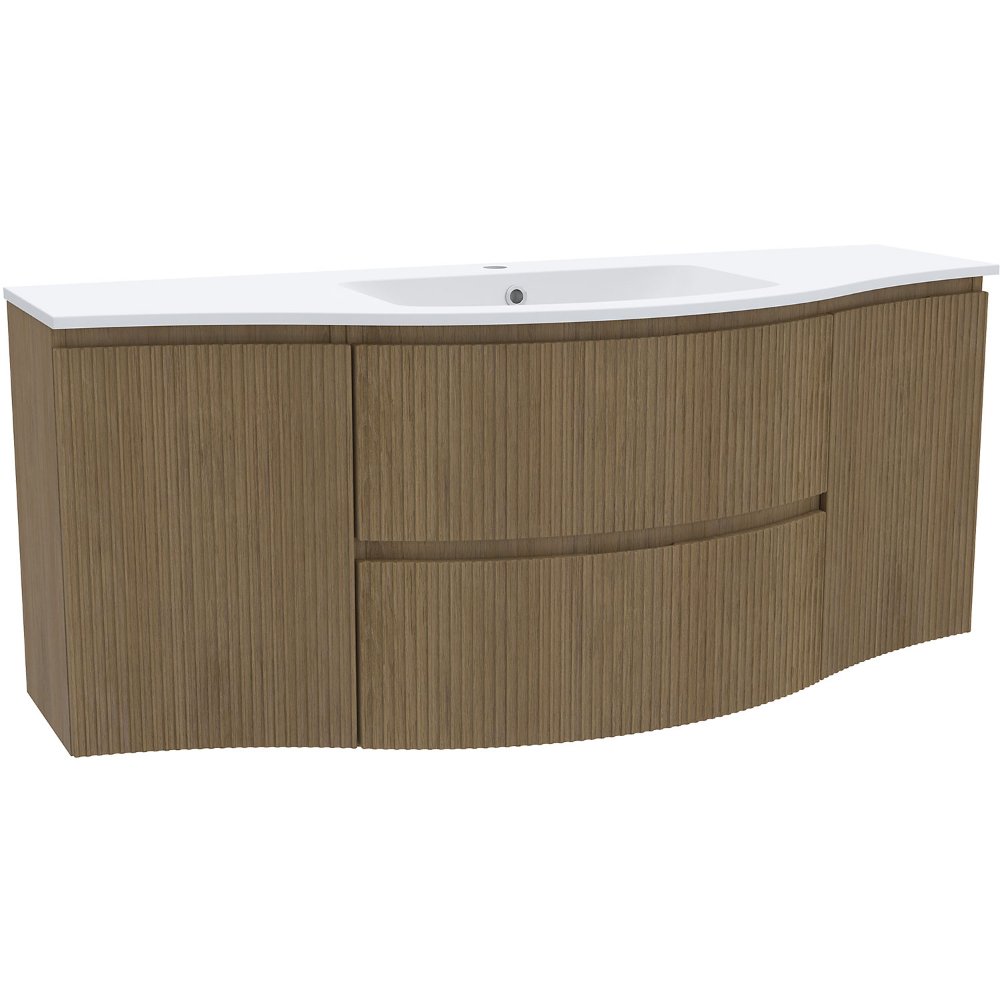Calypso Levanto Fluted 2 Door And 2 Drawer Wall Hung Vanity Unit With White Glass Basin – 1375mm Wide – 1 TH - Tortona Oak