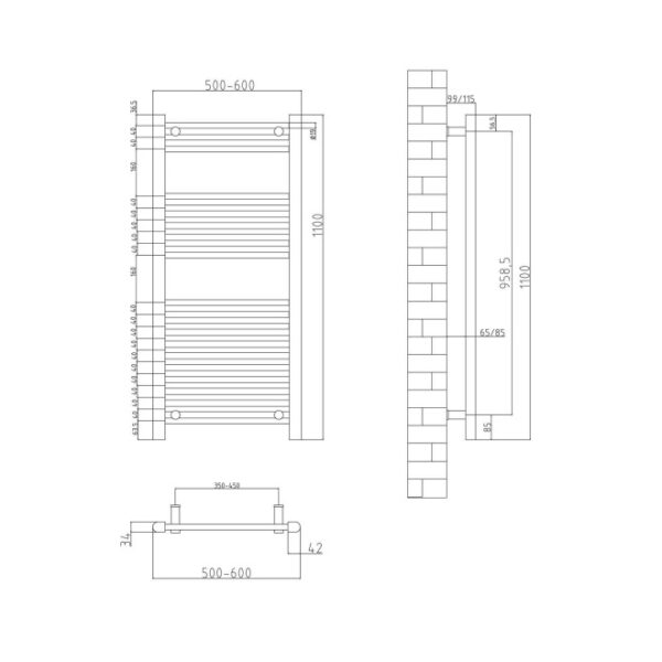 Eastbrook Biava Dry Element Electric Towel Rail Wide Integrated Button - 1100mm x 500mm - Chrome - Image 4