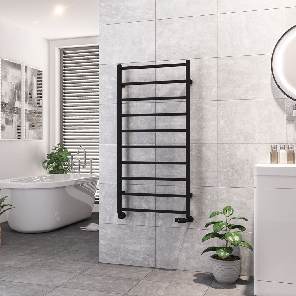 Eastbrook Tuscan Square Straight Heated Towel Rail – Matt Black - 1200mm x 600mm