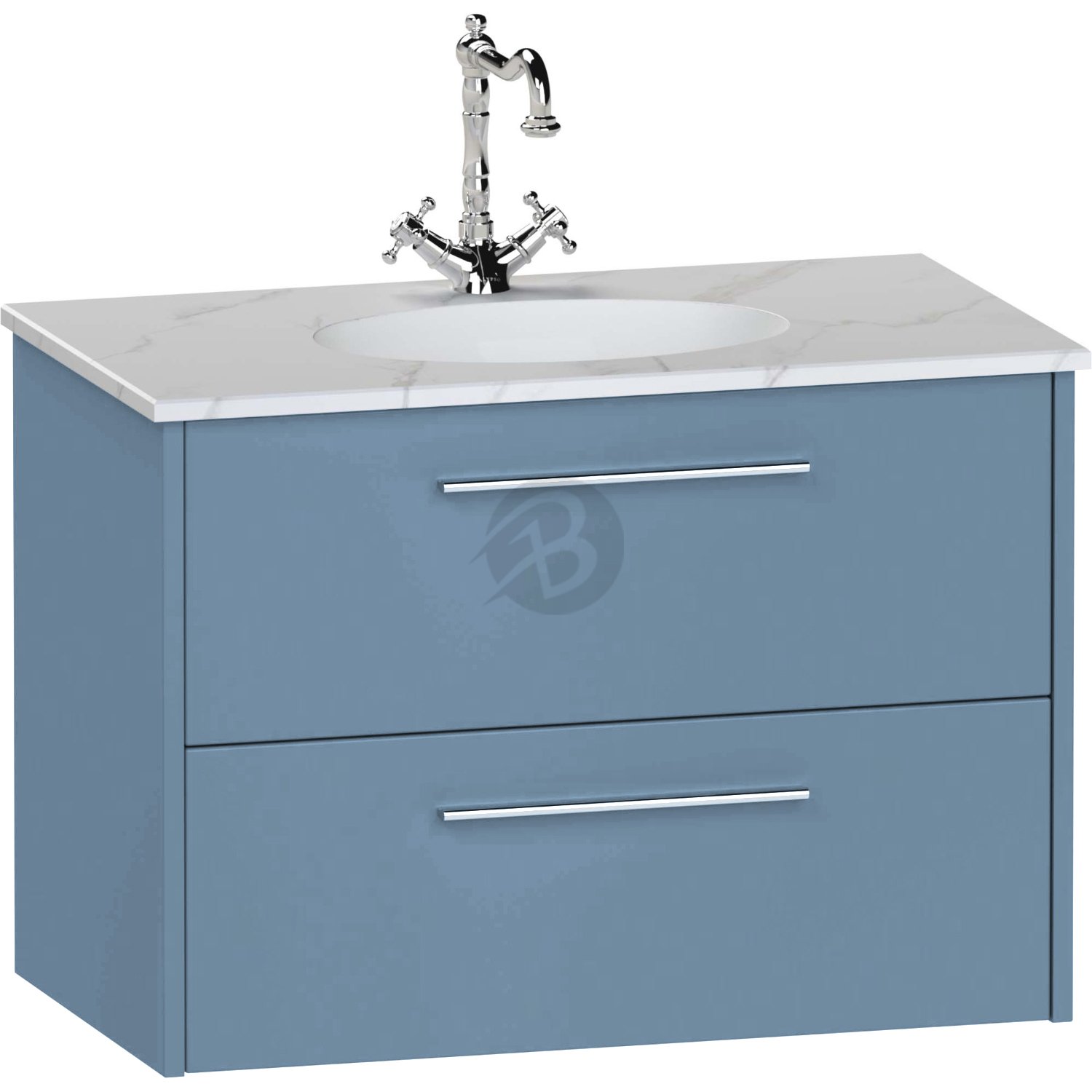 Calypso Brecon 2 Drawer Wall Hung Slim Vanity Unit With Idro Cast White Basin – 500mm Wide – 1 TH - Dusky Blue