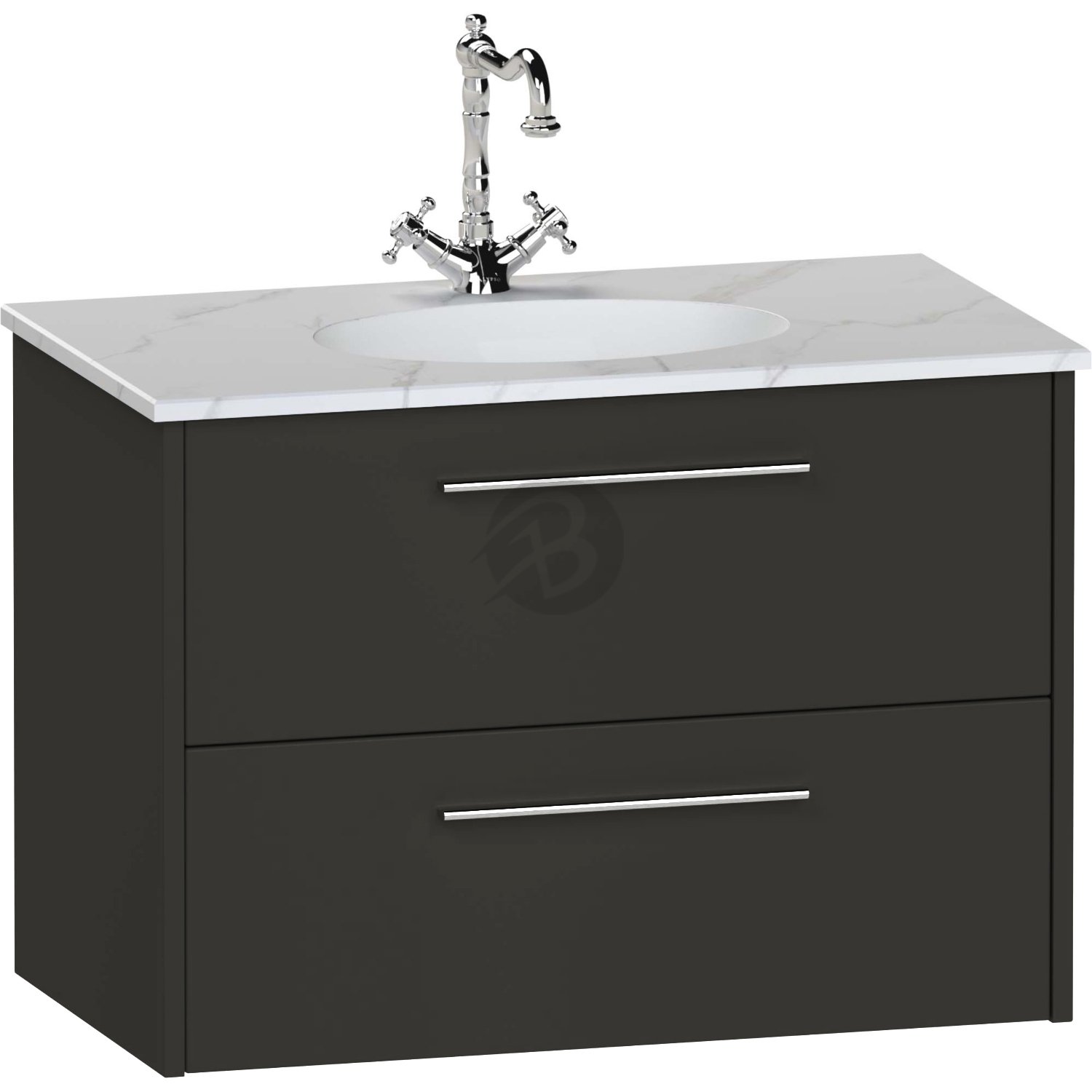 Calypso Brecon 2 Drawer Wall Hung Slim Vanity Unit With Idro Cast White Basin – 500mm Wide – 1 TH - Soft Black