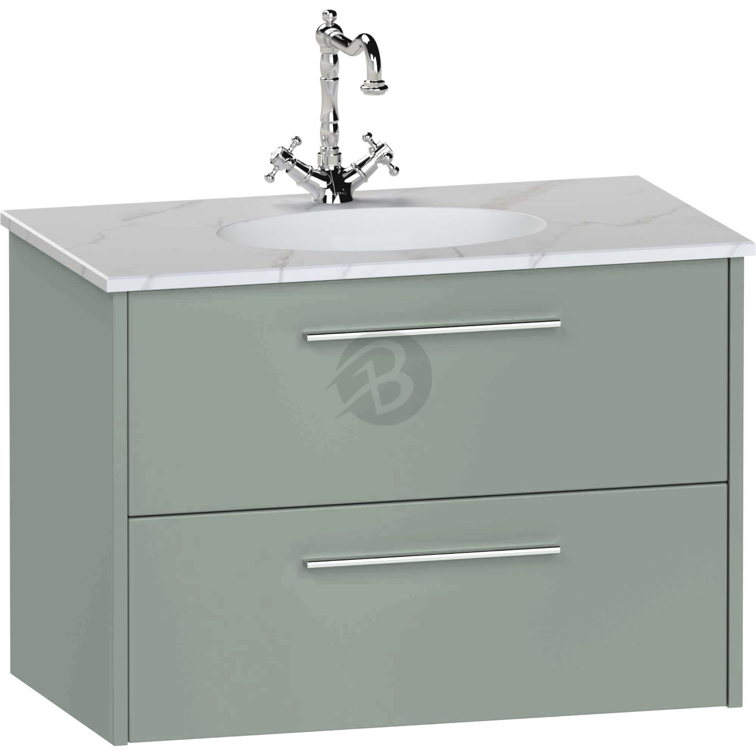 Calypso Brecon 2 Drawer Wall Hung Slim Vanity Unit With Idro Cast White Basin – 500mm Wide – 1 TH - Soft Green