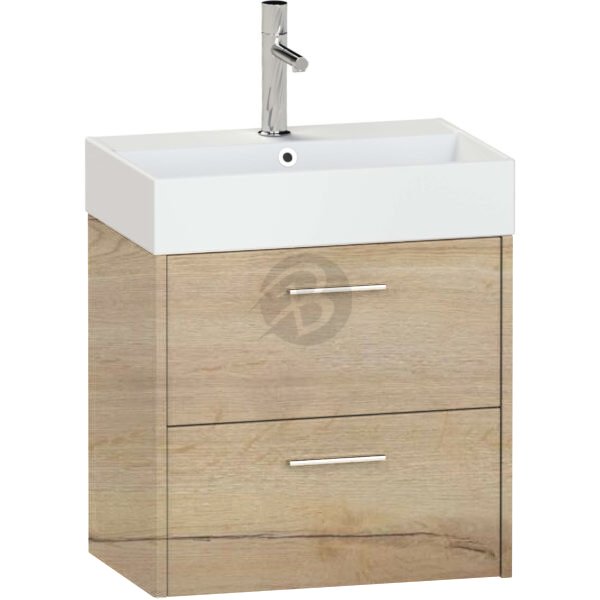 Calypso Brecon 2 Drawer Wall Hung Slim Vanity Unit With Memphis Ceramic White Basin – 600mm Wide – 1 TH - Light English Oak