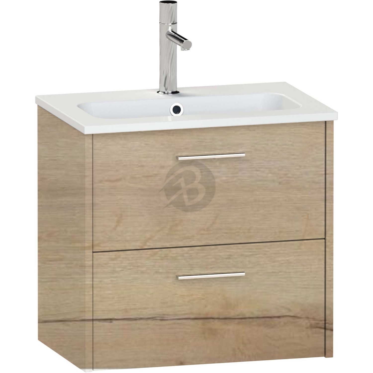 Calypso Brecon 2 Drawer Wall Hung Slim Vanity Unit With Chandler Ceramic White Basin – 600mm Wide – 1 TH - Light English Oak