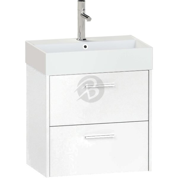 Calypso Brecon 2 Drawer Wall Hung Slim Vanity Unit With Memphis Ceramic White Basin – 600mm Wide – 1 TH - High Gloss White