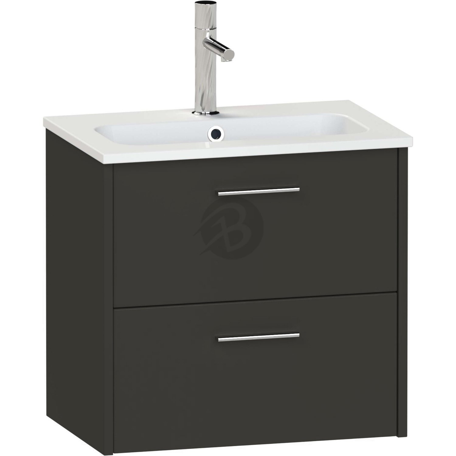 Calypso Brecon 2 Drawer Wall Hung Slim Vanity Unit With Chandler Ceramic White Basin – 600mm Wide – 1 TH - Soft Black
