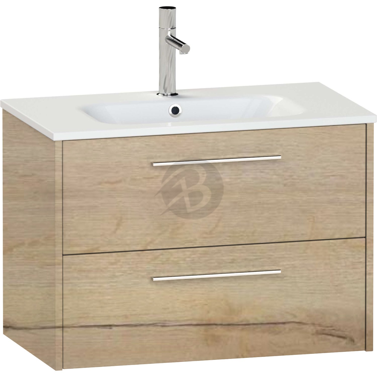 Calypso Brecon 2 Drawer Wall Hung Vanity Unit With Calypstone Aura Cirrus White Basin – 600mm Wide – No TH - Light English Oak