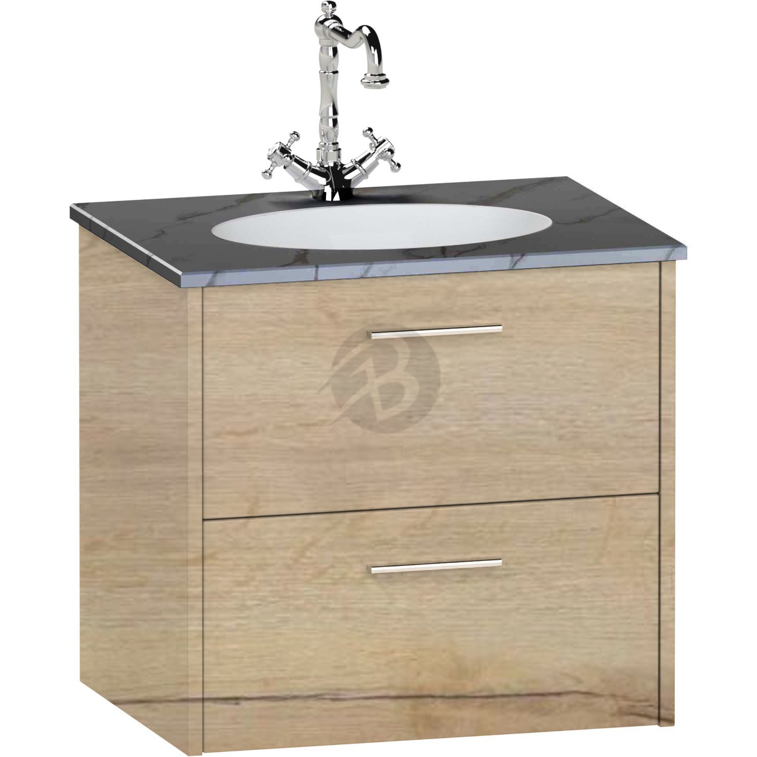 Calypso Brecon 2 Drawer Wall Hung Vanity Unit With Calypstone Aura Storm Grey Basin – 600mm Wide – No TH - Light English Oak