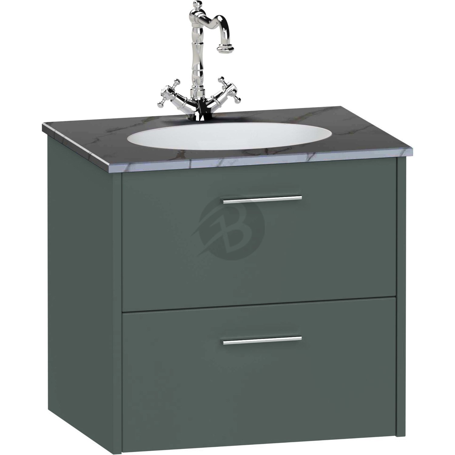 Calypso Brecon 2 Drawer Wall Hung Vanity Unit With Calypstone Aura Storm Grey Basin – 600mm Wide – No TH - Hunter Green