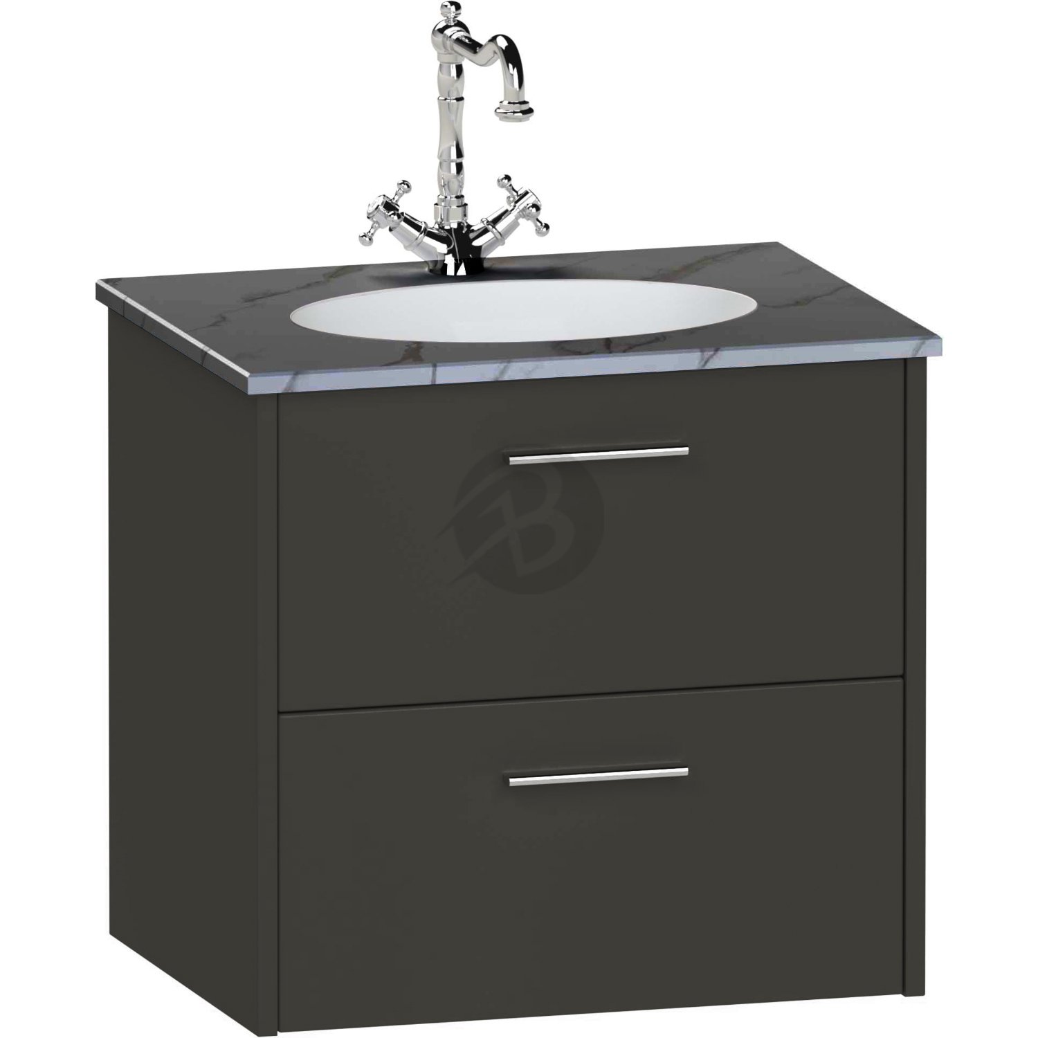 Calypso Brecon 2 Drawer Wall Hung Vanity Unit With Calypstone Aura Storm Grey Basin – 600mm Wide – No TH - Soft Black