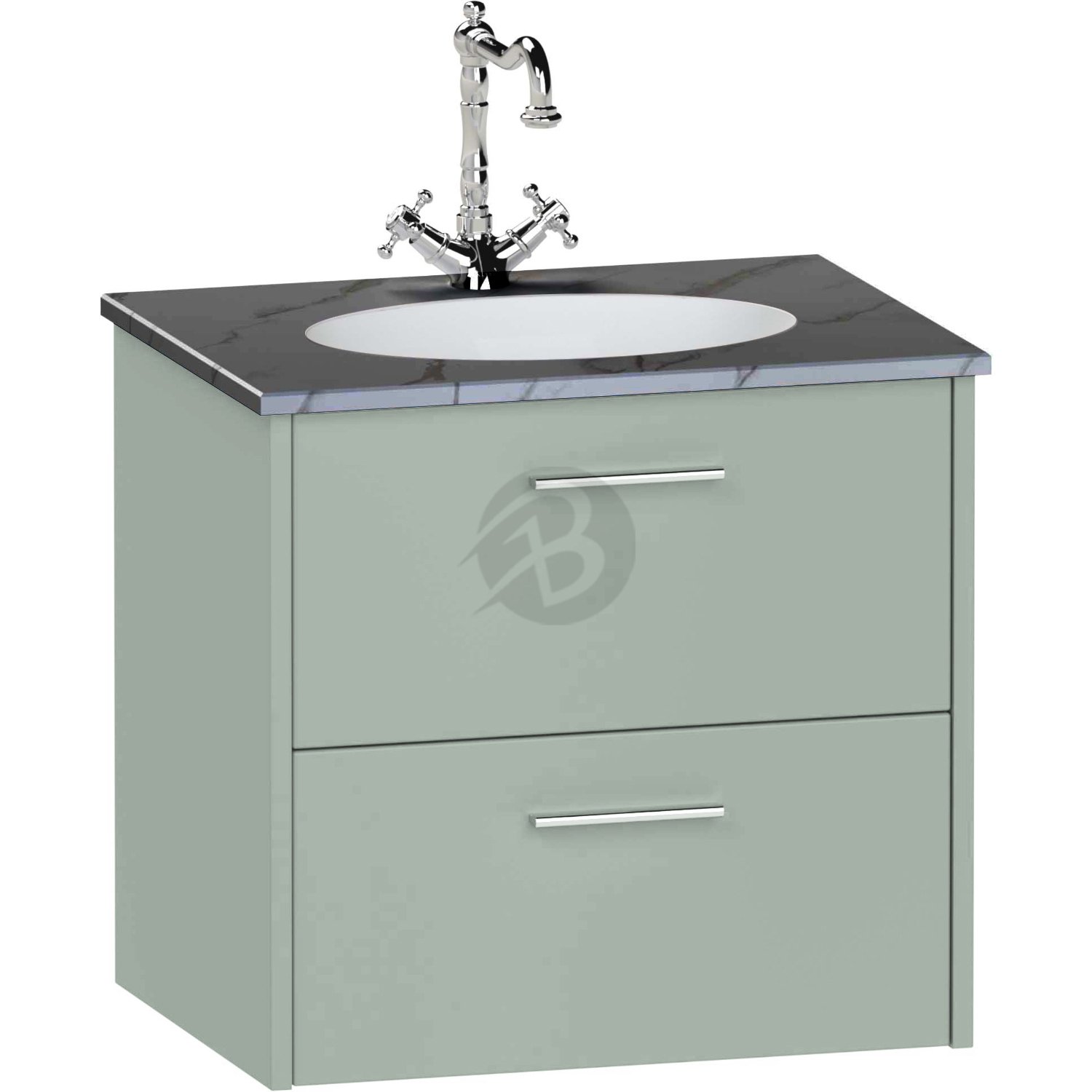 Calypso Brecon 2 Drawer Wall Hung Vanity Unit With Calypstone Aura Storm Grey Basin – 600mm Wide – No TH - Soft Green