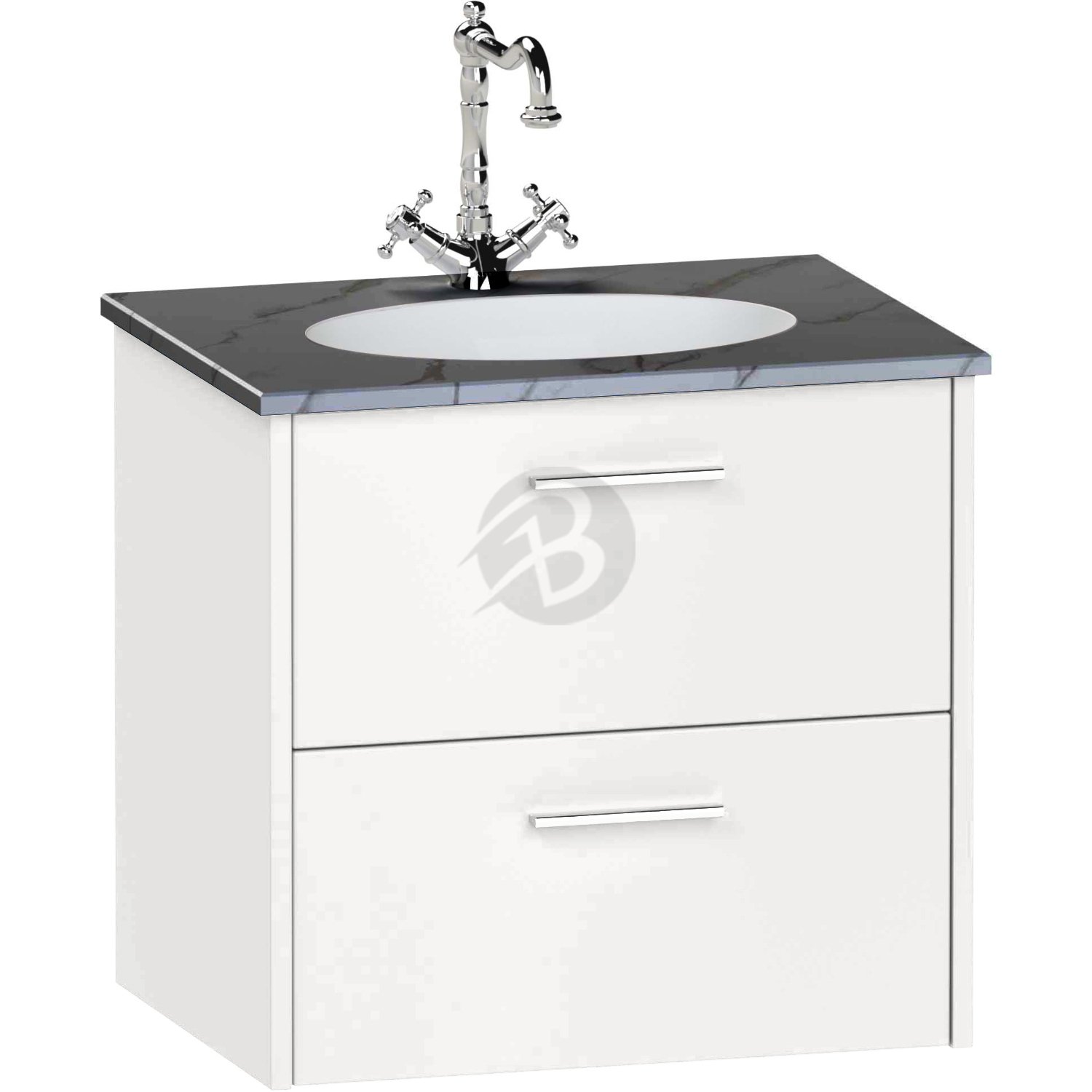 Calypso Brecon 2 Drawer Wall Hung Vanity Unit With Calypstone Aura Storm Grey Basin – 600mm Wide – No TH - Soft White