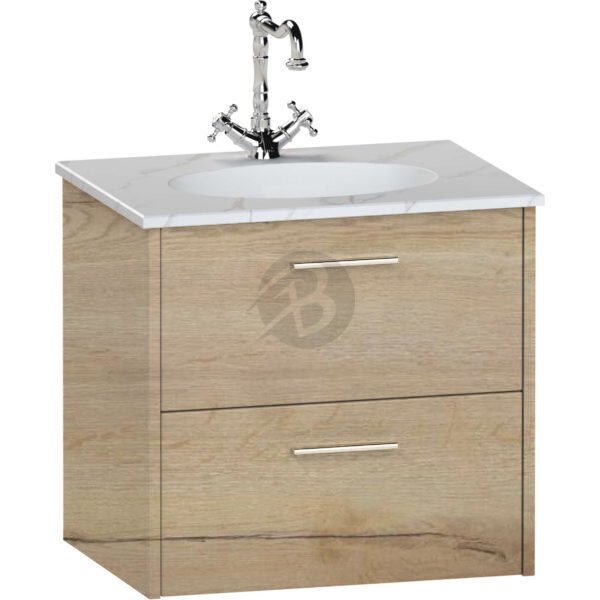 Calypso Brecon 2 Drawer Wall Hung Vanity Unit With Calypstone Aura Cirrus White Basin – 800mm Wide – No TH - Light English Oak