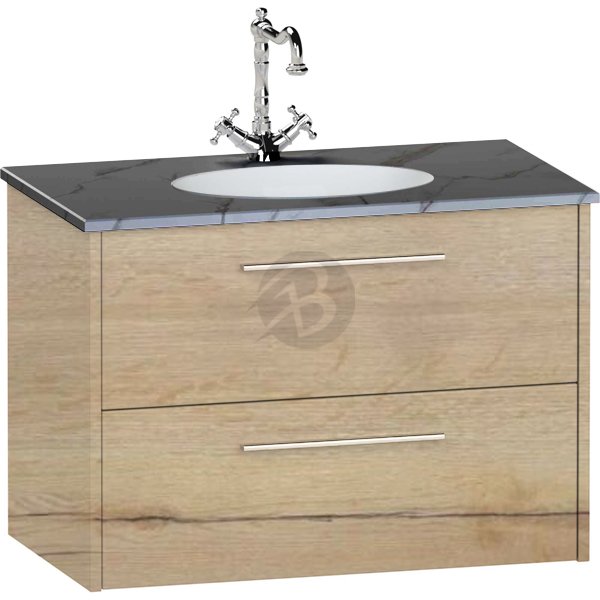 Calypso Brecon 2 Drawer Wall Hung Vanity Unit With Calypstone Aura Storm Grey Basin – 800mm Wide – No TH - Light English Oak
