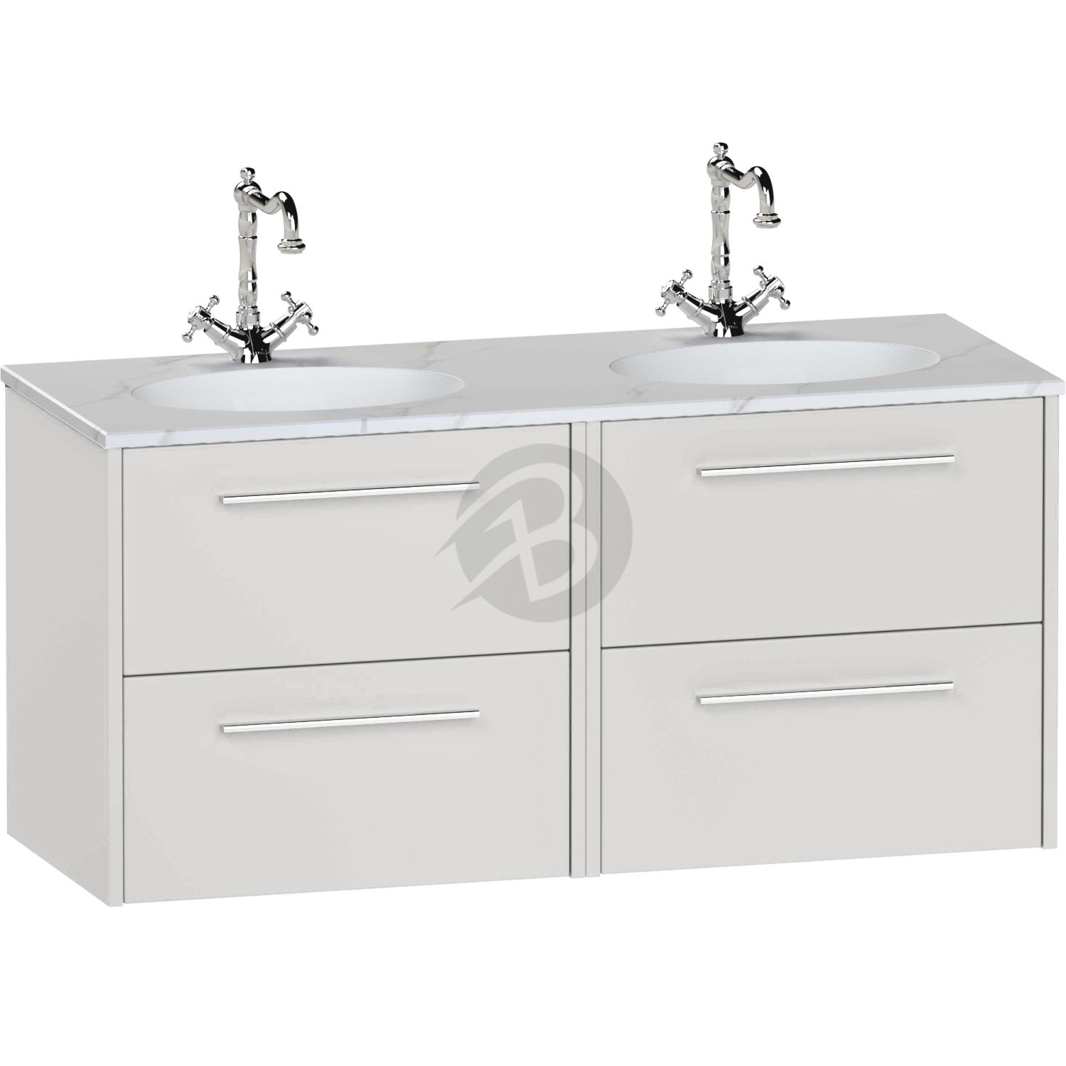 Calypso Brecon 4 Drawer Wall Hung Vanity Unit With Calypstone Aura Cirrus White Double Basin – 1200mm Wide – No TH - Clay Gloss