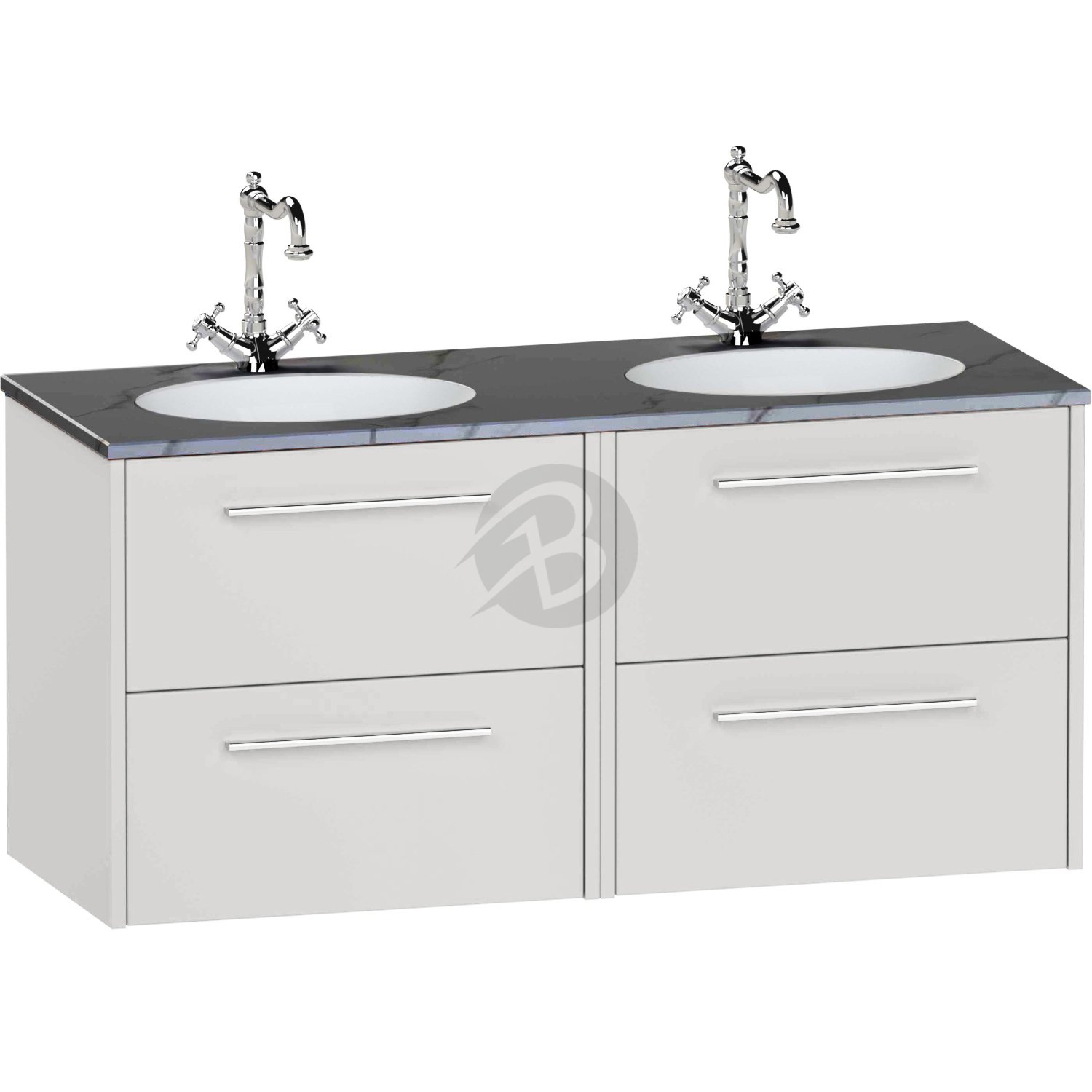 Calypso Brecon 4 Drawer Wall Hung Vanity Unit With Calypstone Aura Storm Grey Double Basin – 1200mm Wide – No TH - Clay Gloss