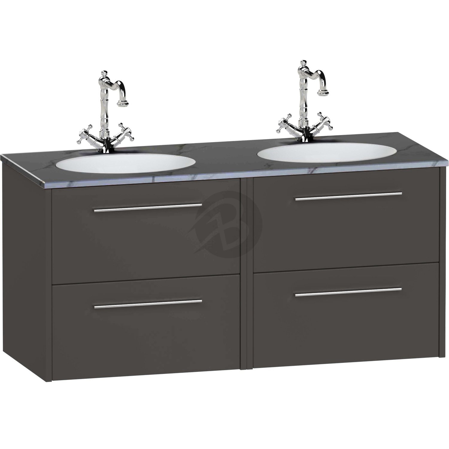 Calypso Brecon 4 Drawer Wall Hung Vanity Unit With Calypstone Aura Storm Grey Double Basin – 1200mm Wide – No TH - Graphite Grey