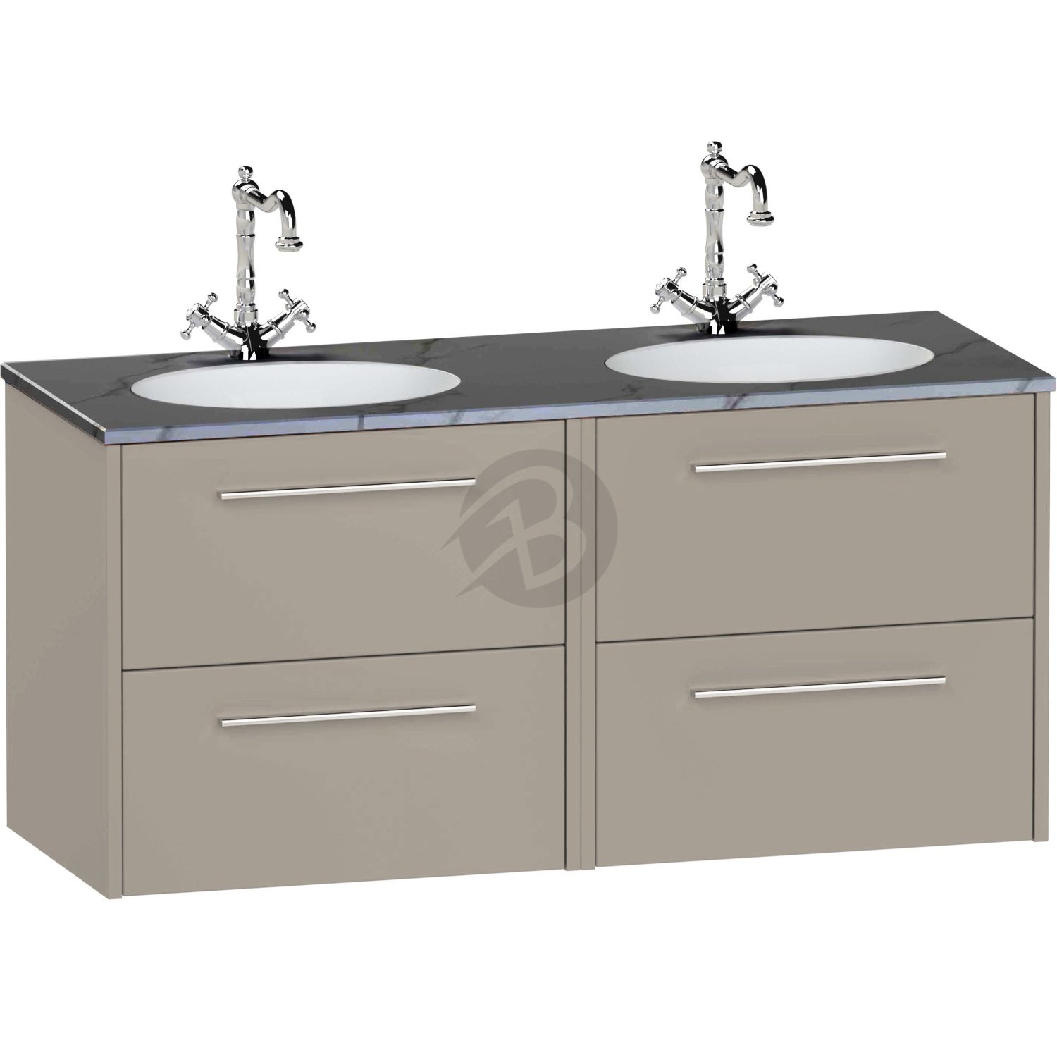 Calypso Brecon 4 Drawer Wall Hung Vanity Unit With Calypstone Aura Storm Grey Double Basin – 1200mm Wide – No TH - Basalt Mist