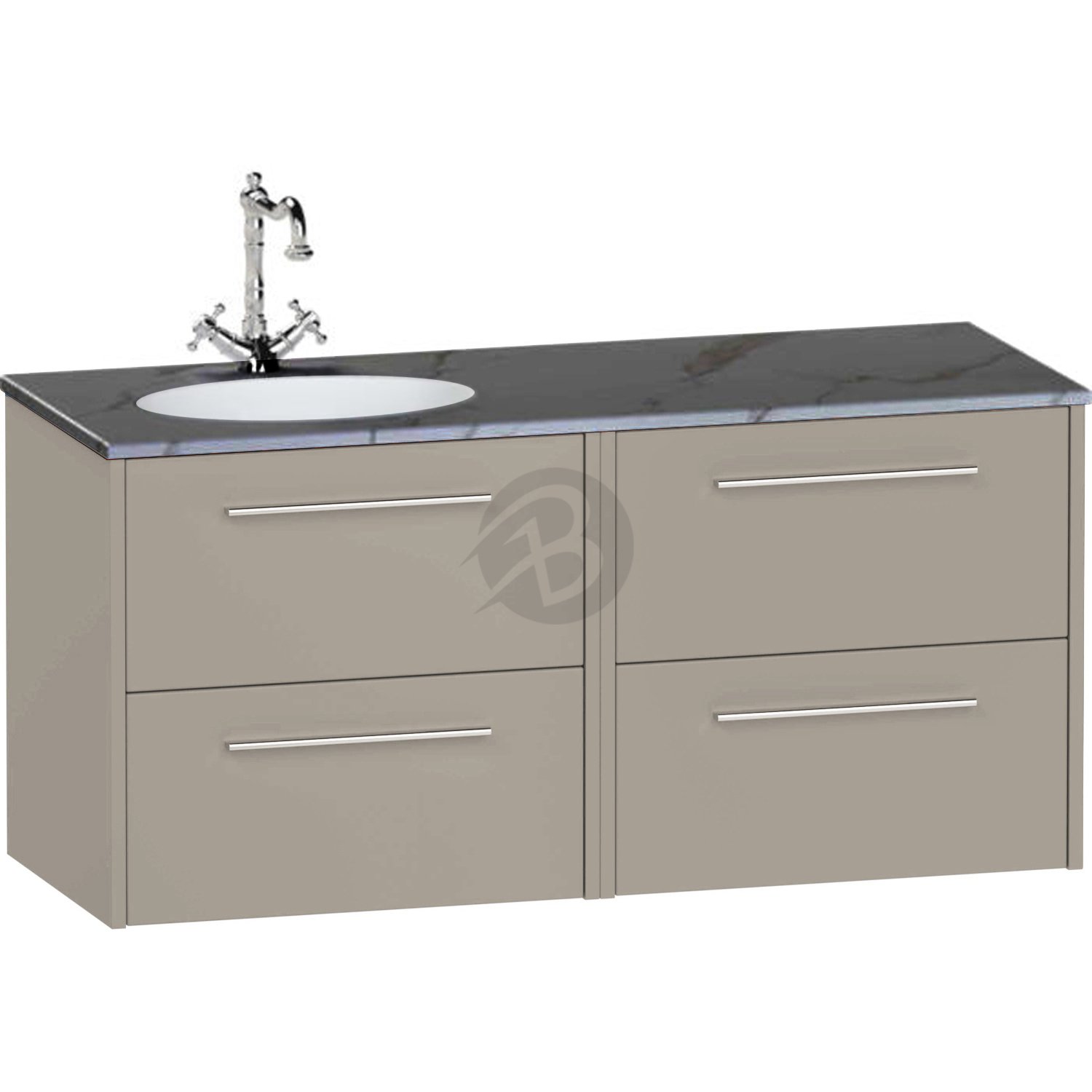 Calypso Brecon 4 Drawer Wall Hung Vanity Unit With Calypstone Aura Storm Grey Basin – 1200mm Wide – No TH – LH - Basalt Mist