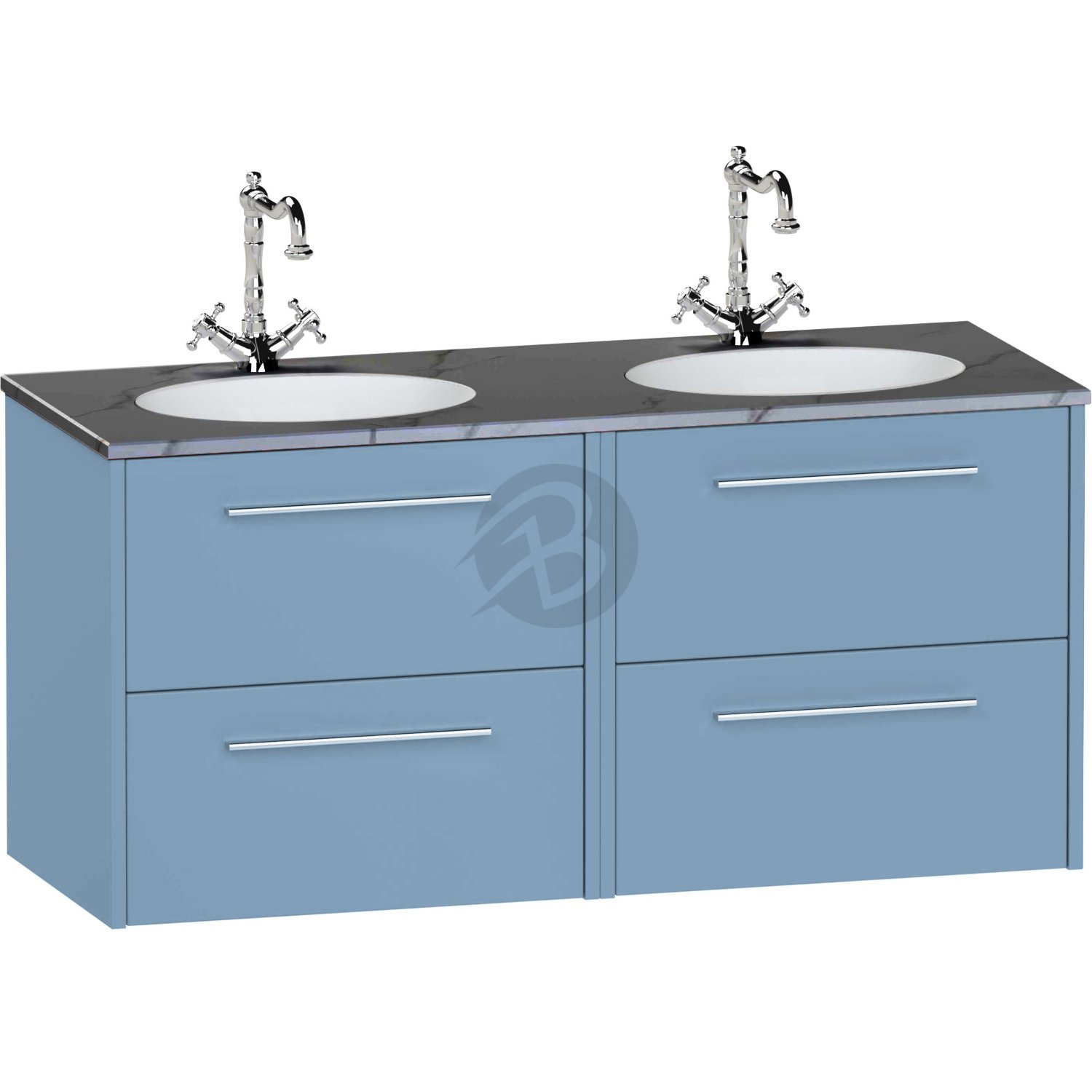 Calypso Brecon 4 Drawer Wall Hung Vanity Unit With Calypstone Aura Storm Grey Double Basin – 1200mm Wide – No TH - Dusky Blue