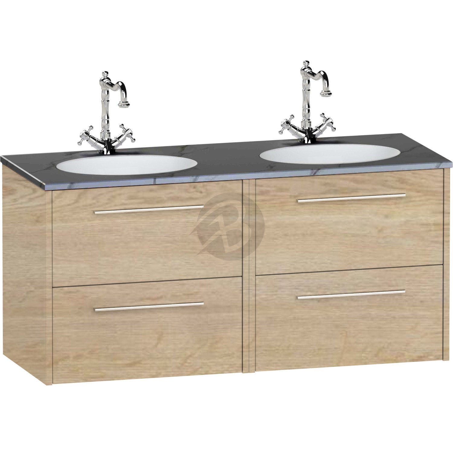 Calypso Brecon 4 Drawer Wall Hung Vanity Unit With Calypstone Aura Storm Grey Double Basin – 1200mm Wide – No TH - Light English Oak