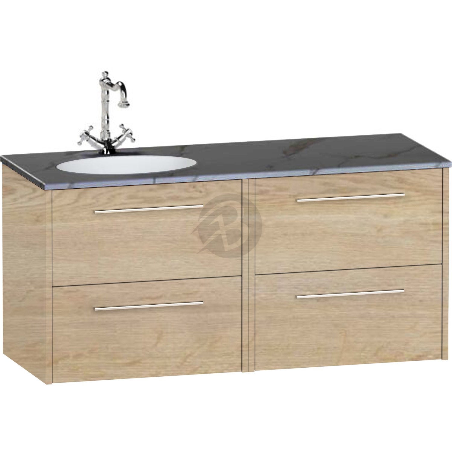 Calypso Brecon 4 Drawer Wall Hung Vanity Unit With Calypstone Aura Storm Grey Basin – 1200mm Wide – No TH – LH - Light English Oak