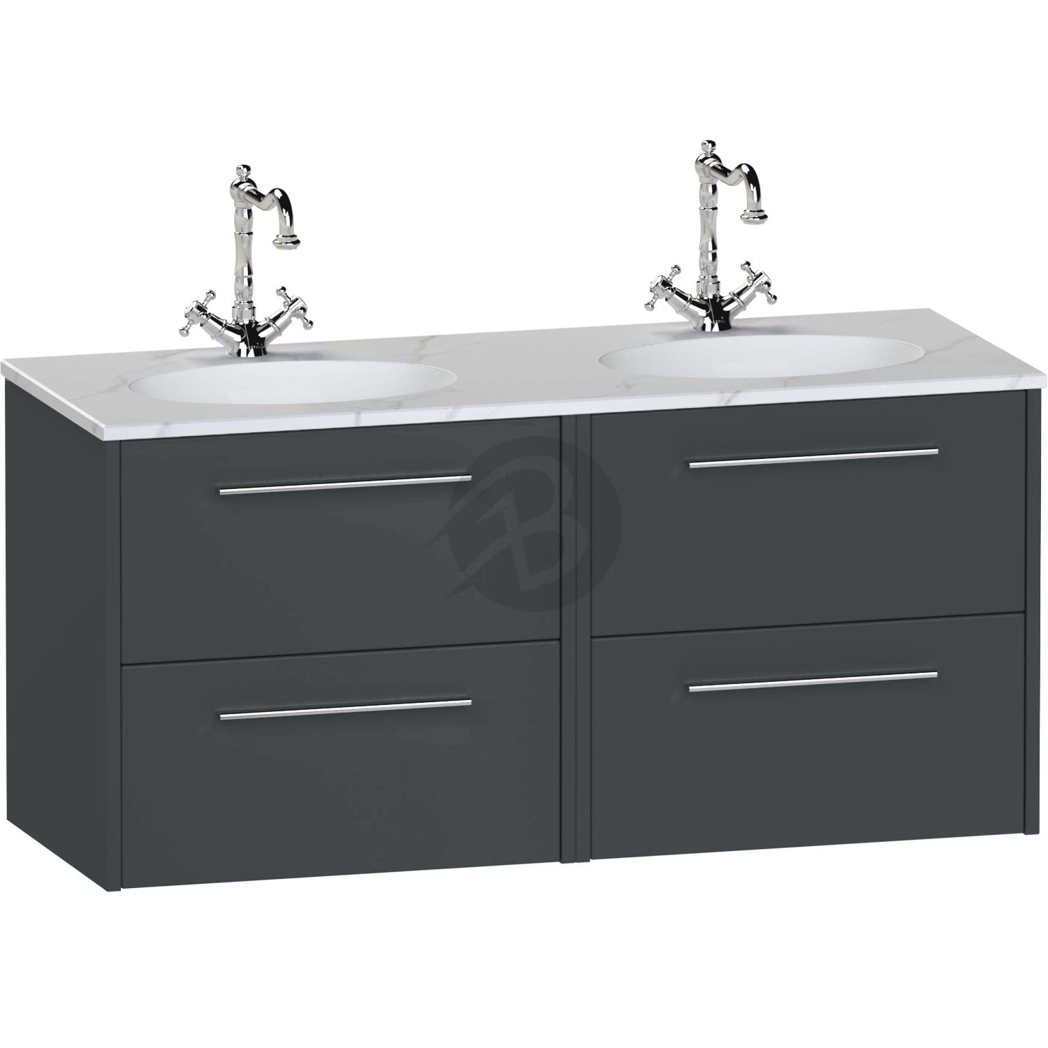 Calypso Brecon 4 Drawer Wall Hung Vanity Unit With Calypstone Aura Cirrus White Double Basin – 1200mm Wide – No TH - Soft Graphite