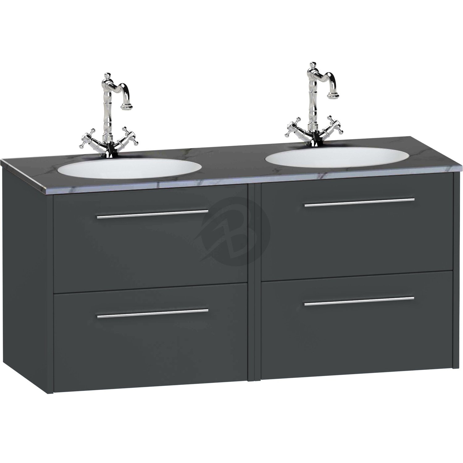 Calypso Brecon 4 Drawer Wall Hung Vanity Unit With Calypstone Aura Storm Grey Double Basin – 1200mm Wide – No TH - Soft Graphite