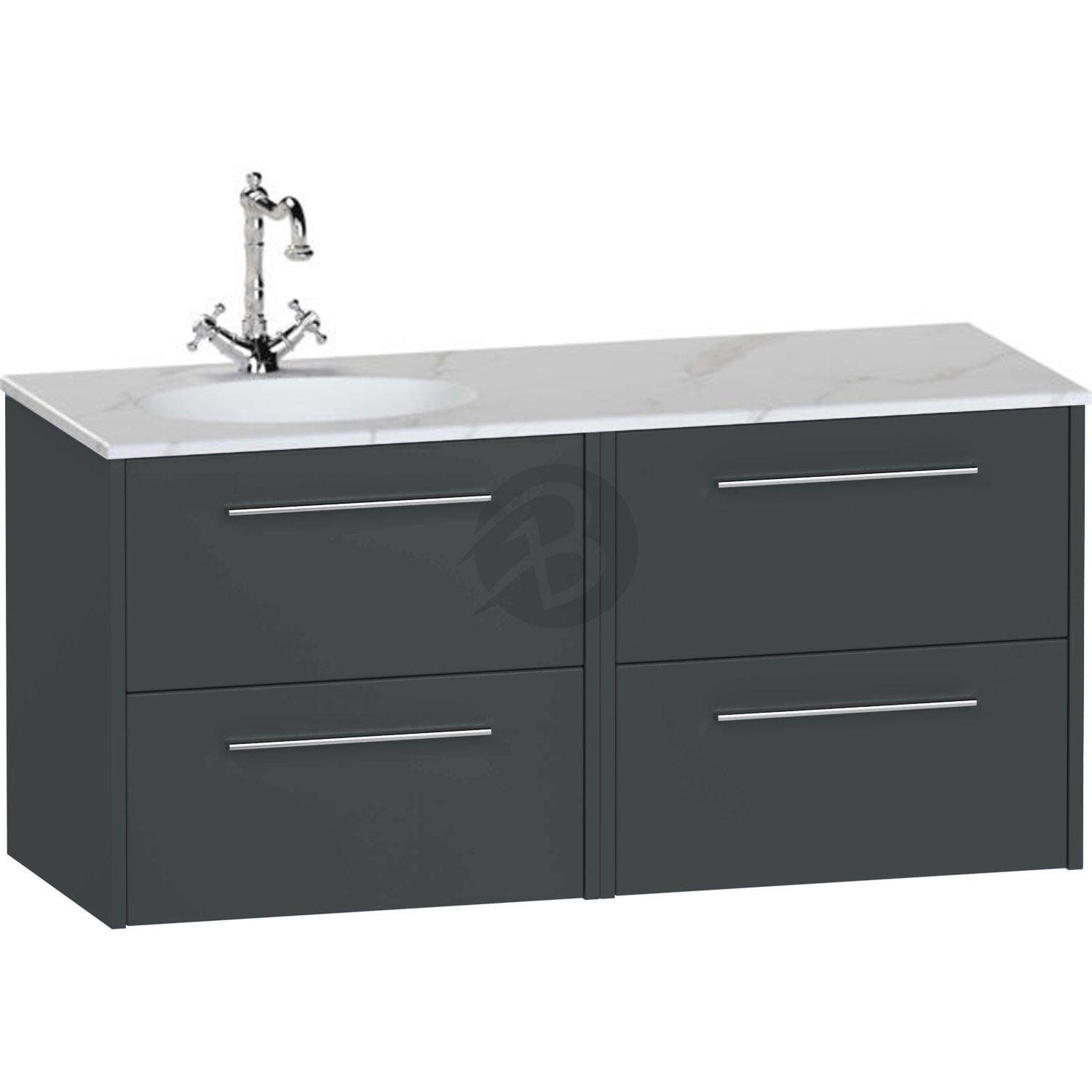 Calypso Brecon 4 Drawer Wall Hung Vanity Unit With Calypstone Aura Cirrus White Basin – 1200mm Wide – No TH – LH - Soft Graphite